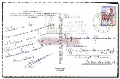 Dreux — Vista geral, Capela Real de São Luís, Caixa de Economia, Igreja de São Pedro, O Sino — Edições ESTEL, n°6.570 — Verso