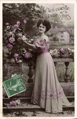 Mulher colhendo rosas — 'Eu as colho para você' — A.N. Paris, n°867