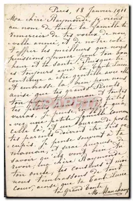 Menina vestindo um vestido azul segurando um buquê — decoração floral e pássaros — texto manuscrito 'Hooos meiillurs vocua pour 1911.' — Verso