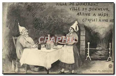 Cidade de Domfront — Cidade da felicidade, chegada ao meio-dia, completo às uma hora — G. Hubert, editor, Domfront (Orne)
