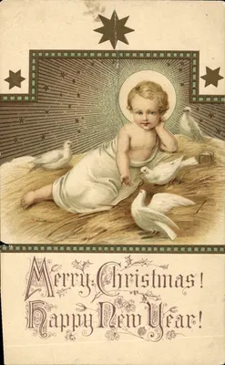 Enfant Jésus — scène de crèche avec colombes — éditeur non visible