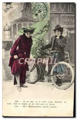 Duas jovens mulheres e uma bicicleta — cena humorística — editor não identificado