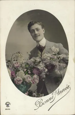 Jovem homem com buquê de flores — Boa Ano — Croissant Paris 3543
