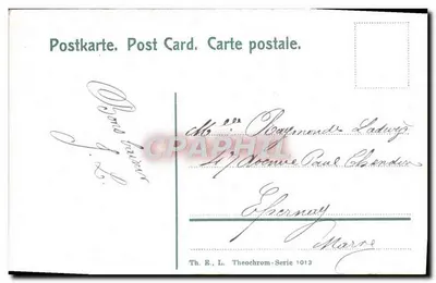 Criança e grande cão — cena de jardim — Th. E., L. Theochrom-Série 1013 — Verso
