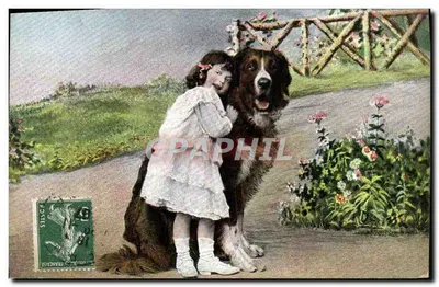 Menina e cachorro — cena de jardim — TH. E. L. Série 1013