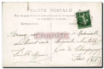 Jeune femme en robe violette — scène de jardin avec escalier — éditeur Bonnefamme — Verso