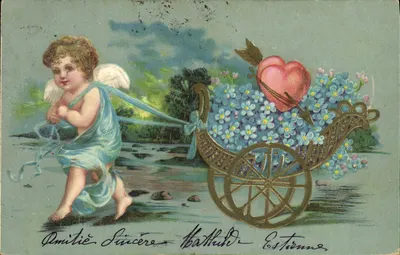 Cupido puxando um carrinho de flores — carta postal de Sainte-Adresse — editor não identificado