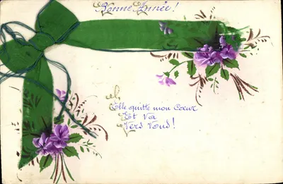 Carta de véspera com fita verde e violeta — texto impresso e manuscrito — editor 'CARTE POSTALE' (verso)