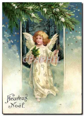 Anjo de Natal — sob o pinheiro nevado — editor não visível