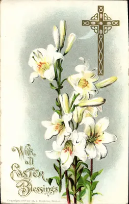 Lírios e Cruz — Carte postale de Pâques — H. I. Robbins, Boston, n° de série non visible