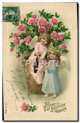 Dois anjos entre rosas — Boas e felizes festas — editor M.S. n°18, 1905