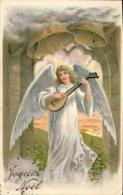 Anjo tocando uma mandolina — sob torres e sinos — editor não identificado