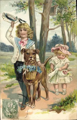 Dois crianças e um cachorro em um parque — editor não visível — número de série não visível