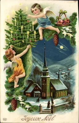 Anjo e criança decorando um abeto de Natal — cena noturna com igreja — editor RAS, número de série não visível