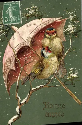 Dois pássaros sob um guarda-chuva — cena invernal — editor não visível