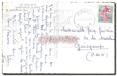 Saint-Malo (I.-et-V.) — Le Grand Bé — vista de las acantiladas y del faro — Edición del Roble, n° 58 — Reverso