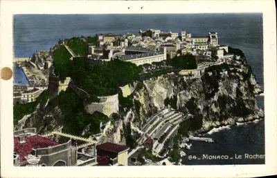 Monaco - Le Rocher — vue panoramique du Rocher de Monaco avec éditeur IMPRIMÉ SUR LA CARTE : 'MONTIULET, 23, rue Marcelin, Nice'