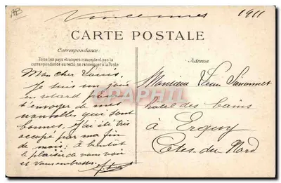 Europäischer Rundgang (18. Juni - 2. Juli 1911) — Barras auf dem Flugzeug von M. Farman, 6. Etappe Paris-Reims-Liège — Verlag E.D. — Rückseite