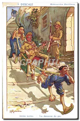Bilhete postal antigo Bilhete postal antigo Ilustrador Gervese Croquis de desembarque Messageries Maritimes Hong Kong A descida em picadeiro