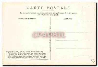Castelo de Nantes (O Grande Logis) — reprodução de pôster do Caminho de Ferro de Paris a Orléans — editada pela Cie d'Orléans — Verso