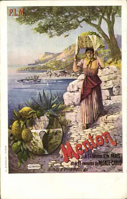 Menton — vista da costa com mulher carregando um cesto — editor J. Barbeau, Paris