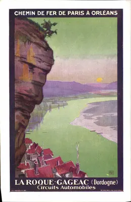 La Roque-Gageac (Dordogne) — pitoresca vila ao pé de uma falésia — reprodução de cartaz da Cie d'Orléans