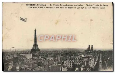 Bilhete postal antigo Avião Aviação o conde de Lambert sobre seu biplano Wright voa de Juvisy para a Torre Eiffel