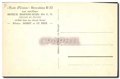 Avião de record « TRAIT d'UNION » Dewoitine D 33 — Cliché Tito — Verso
