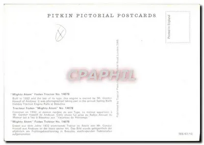 Trator Foden 'Mighty Atom' — modelo 14078 — Pitkin Pictorial Postcards — Verso