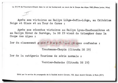 시트로엥 DS 19 — 알프스 레이스 1962 — 안드레 시트로엥 회사의 홍보부서 발행 — 뒷면