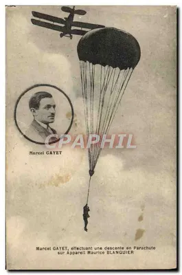 Marcel GAYET realizando uma descida de paraquedas sobre o aparelho Maurice BLANQUIER — edição não identificada