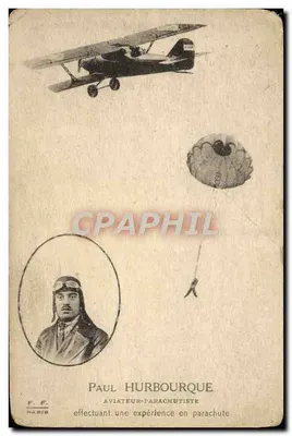 Paul Hurbourque — aviador-paracaidista realizando uma experiência de salto de paraquedas — F.F. PARIS