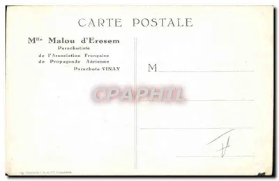 Mlle Malou d'Eresem — Paraquedista da Associação Francesa de Propaganda Aérea — Impr. Chandefort Fr. et Cie, Vincennes — Verso