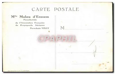 Mlle Malou d'Eresem — Paraquedista da Associação Francesa de Propaganda Aérea — editada pela Imprensa Chandeport & Cie, Villeurbanne — Verso