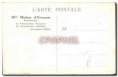 Mlle Malou d'Eresem — Paraquedista da Associação Francesa de Propaganda Aérea — Editor VINAY — Verso