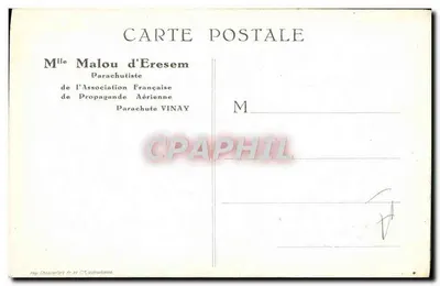 Mlle Malou d'Eresem — Paracaidista da Associação Francesa de Propaganda Aérea — Editor VINAY — Verso