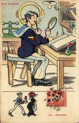 Unsere Matrosen — Karikatur eines Matrosen in Uniform, der unter Kerzenschein liest — Verlag Fournier, Nr. 46