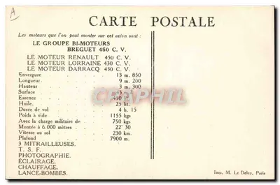 Aeroplano Breguet-Sesquiplan per riconoscimento — Tipo XIX A2 — Imp. M. Le Deley, Parigi — Verso