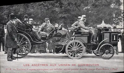 Os antepassados nas fábricas de Dion-Bouton — Trator a vapor puxando uma carruagem, que chegou em primeiro lugar na corrida Paris-Rouen (1894) — N° 8
