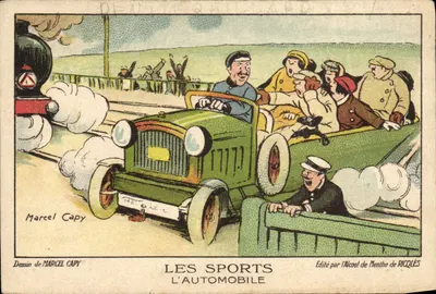 O Automóvel — Os Esportes — Desenho de Marcel Capy — Editado pela Álcool de Mentha de Ricolès