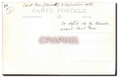 Desfile da Nouvre, antes de Saint-Pons (Hérault) — 4 de setembro de 1933 — Carta postal — Verso