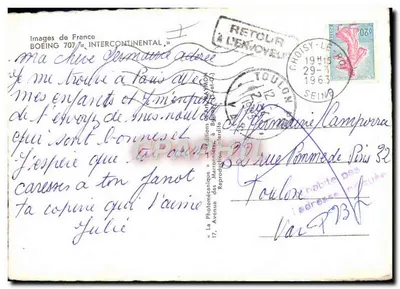 Avião Air France Boeing 707 — Imagens da França, Intercontinental — editor Photomécanique em Toulouse — Verso