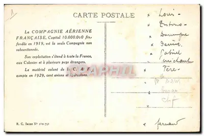 Aeroporto do BOIRAGET — Base da Compagnie Aérienne Française — Cliché da Compagnie Aérienne Française — Verso