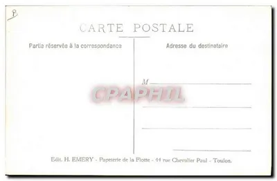 Avión militar en vuelo sobre un barco — Editor H. EMERY, Toulón — Reverso