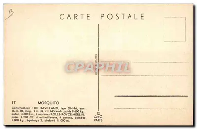 Avión de caza Mosquito — De Havilland DH-96 — editor AEC Paris, n°17 — Reverso