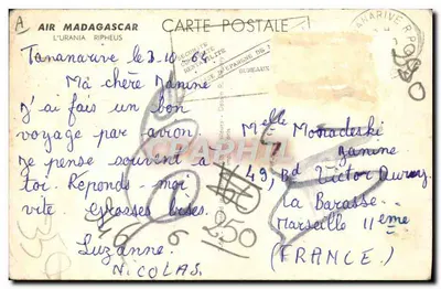 Bilhete postal antigo Avião Aviação Air Madagascar Papillon — Verso