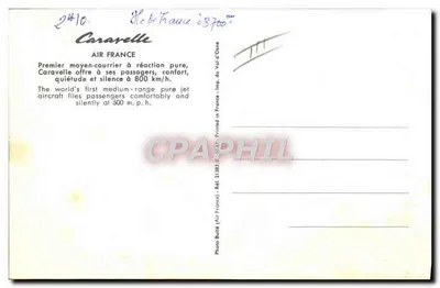 Air France Caravelle — Primeiro meio-curta de reação pura — Foto Bulté (Air France) Ref. 21383 — Verso