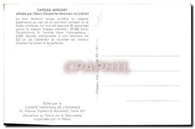 Capsula Mercury — utilizada por Glenn Carpenter — editada por el Comité Nacional de la Infancia — Reverso