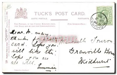 Marinos lavando el puente de un barco — después del abastecimiento — tarjeta postal de Tuck's — Reverso