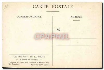 Incidenty na drodze — Przekroczenie prędkości — Kolekcja Hôtel de la Couronne w Rouen — aquarele G. Conrad — Rewers